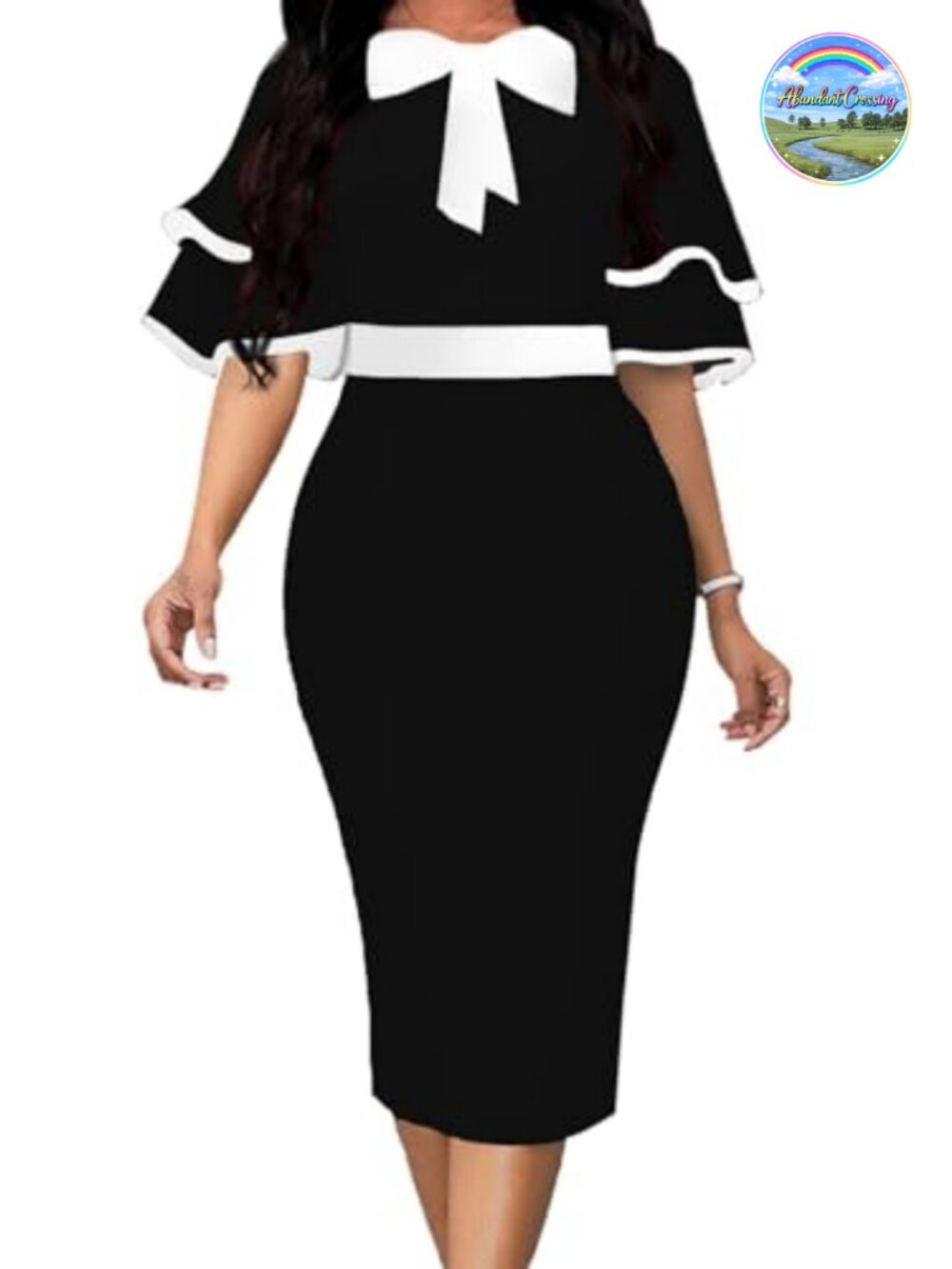 Women's Bow Tie Church Midi Bodycon Dress Ruffled Sleeve